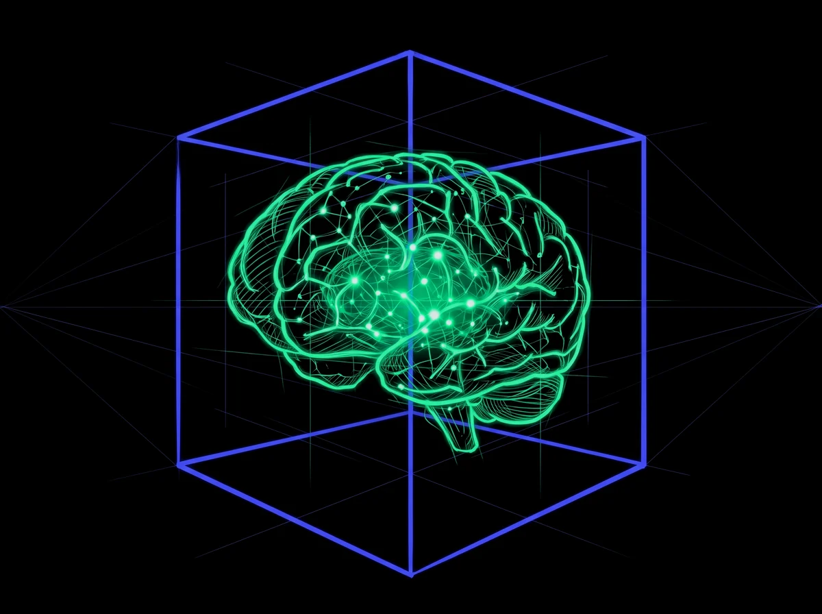 Cerebro dibujado en líneas luminosas dentro de un cubo de alambre